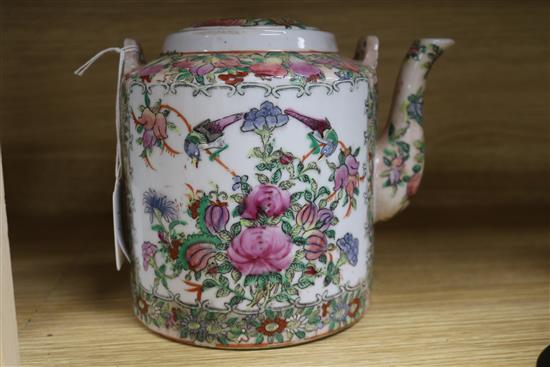 Two Chinese teapots, a bowl and an ornament